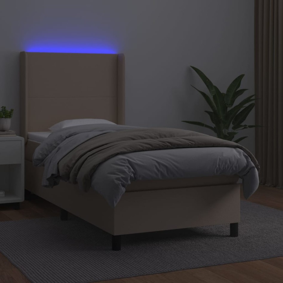 Cama box spring colchón LED cuero sintético capuchino 90x190