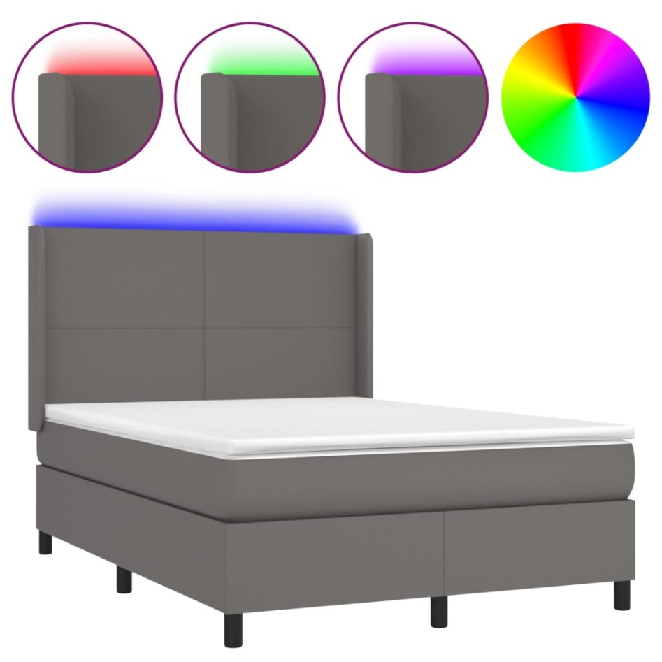 Cama box spring colchón y LED cuero sintético gris 140x190