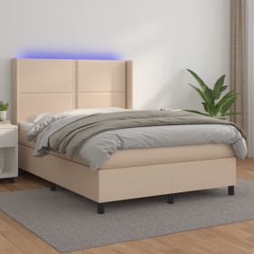 Cama box spring colchón LED cuero sintético capuchino
