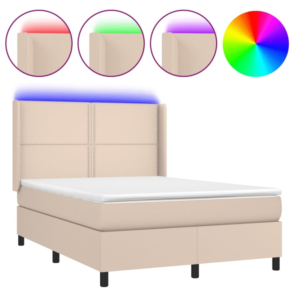 Cama box spring colchón LED cuero sintético capuchino