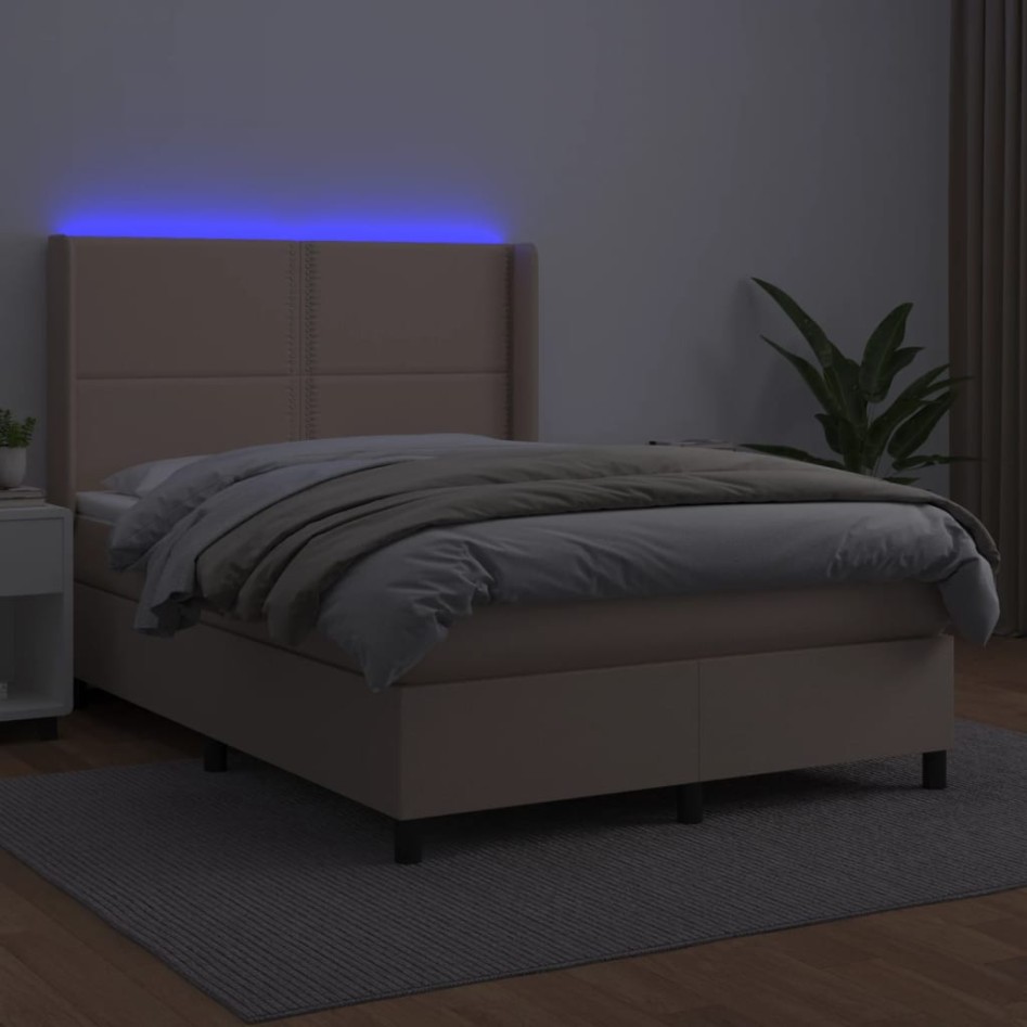 Cama box spring colchón LED cuero sintético capuchino