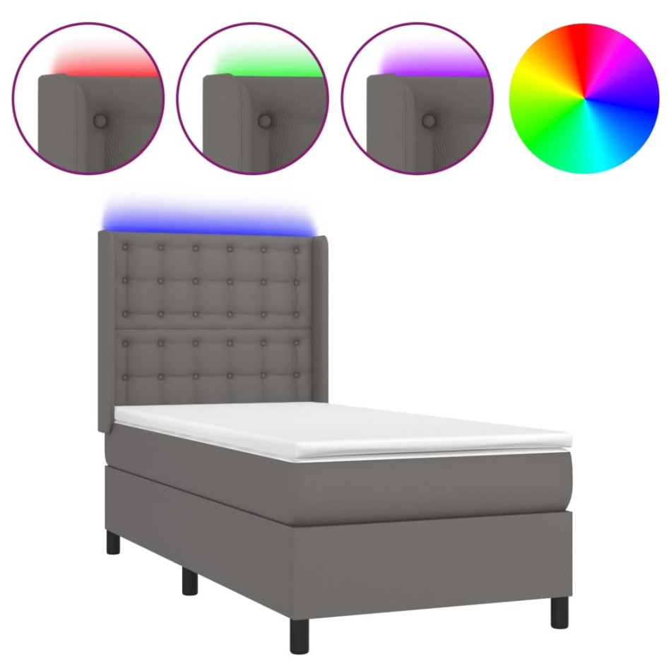 Cama box spring y colchón LED cuero sintético gris 80x200