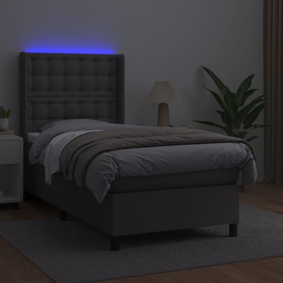 Cama box spring y colchón LED cuero sintético gris 80x200
