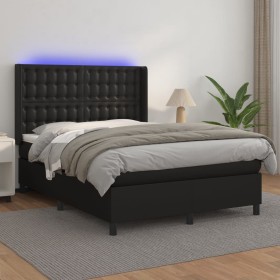 Cama box spring colchón y LED cuero sintético negro 140x200