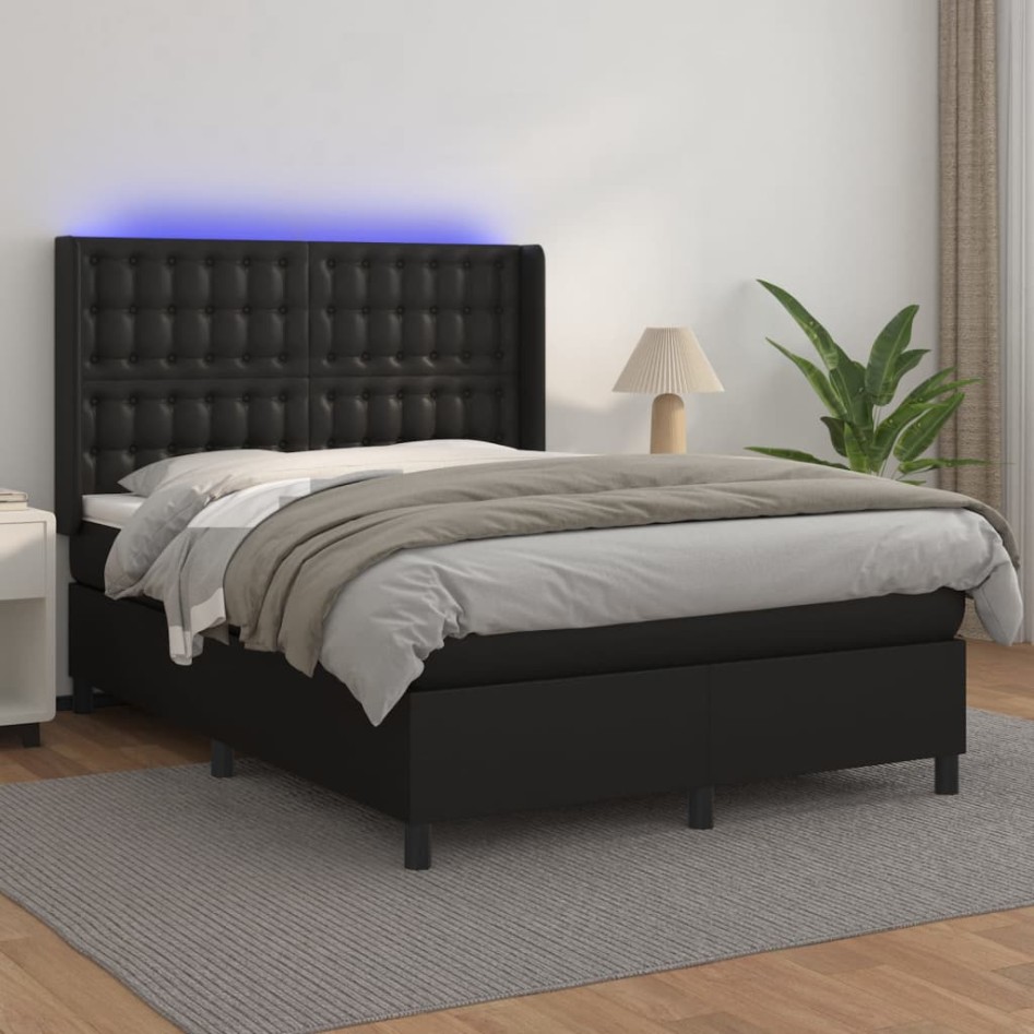 Cama box spring colchón y LED cuero sintético negro 140x200