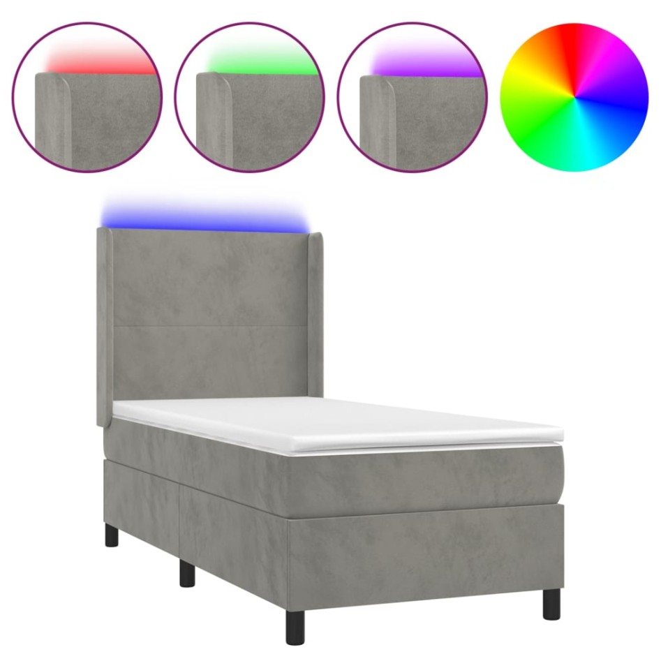 Cama box spring colchón y LED terciopelo gris claro 90x190