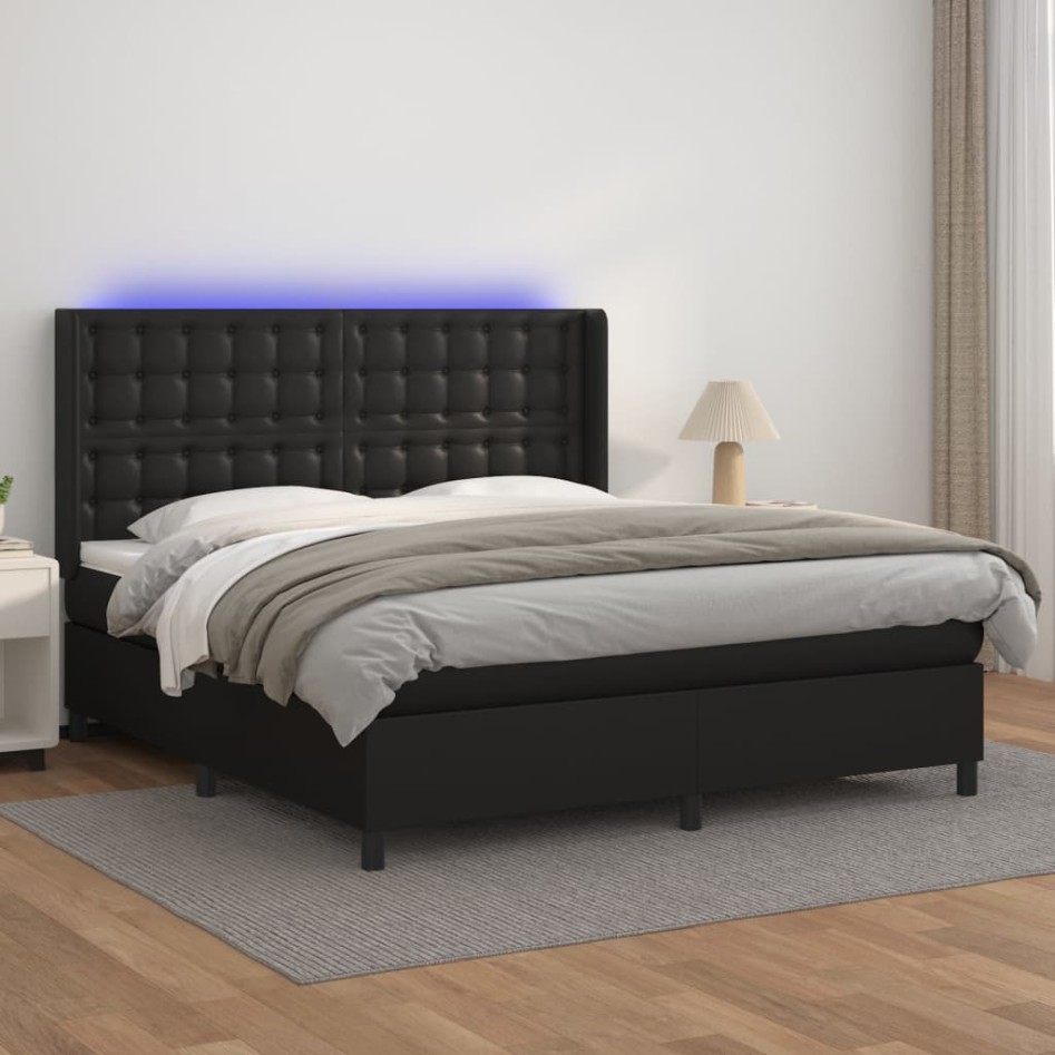 Cama box spring colchón y LED cuero sintético negro 160x200