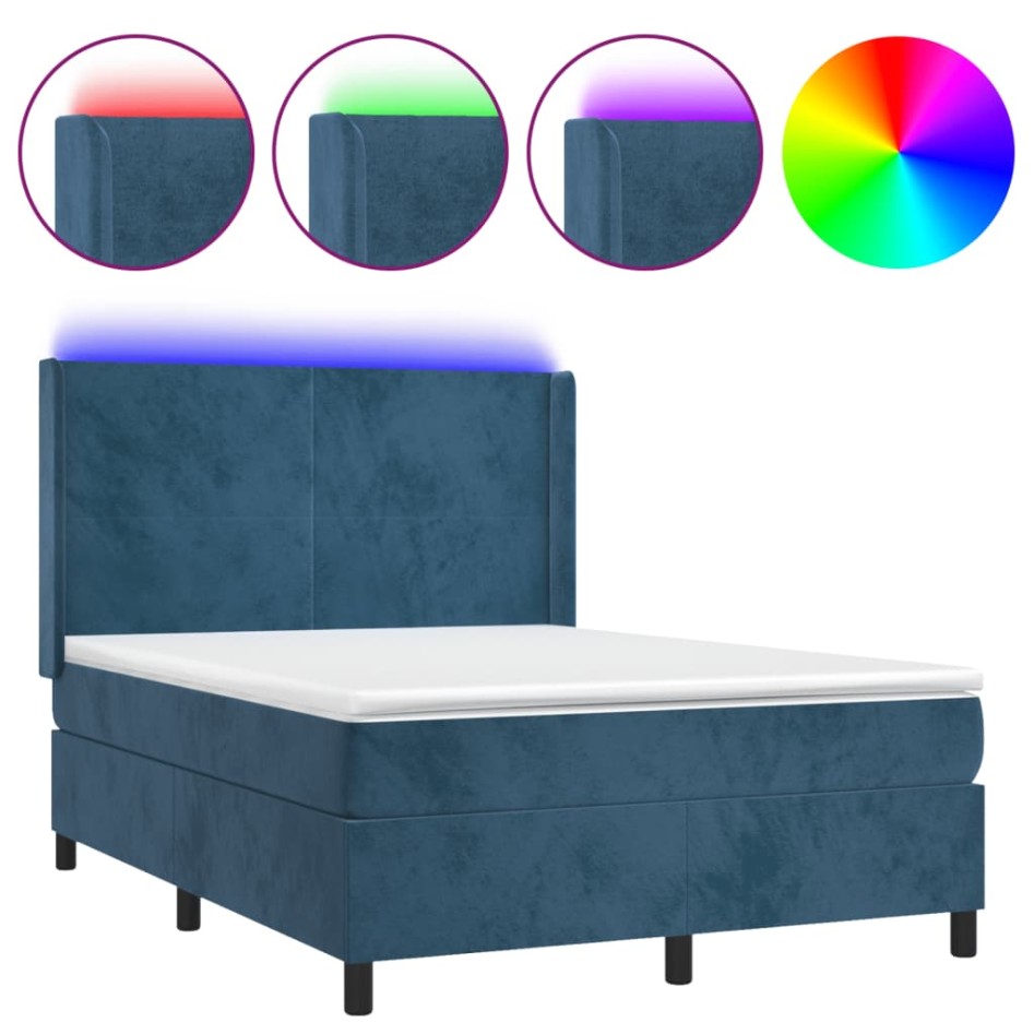Cama box spring colchón y LED terciopelo azul oscuro 140x190