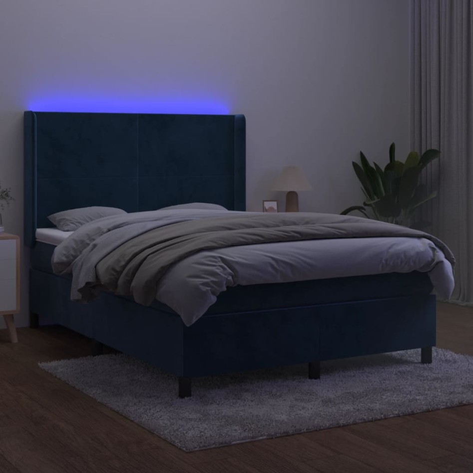 Cama box spring colchón y LED terciopelo azul oscuro 140x190