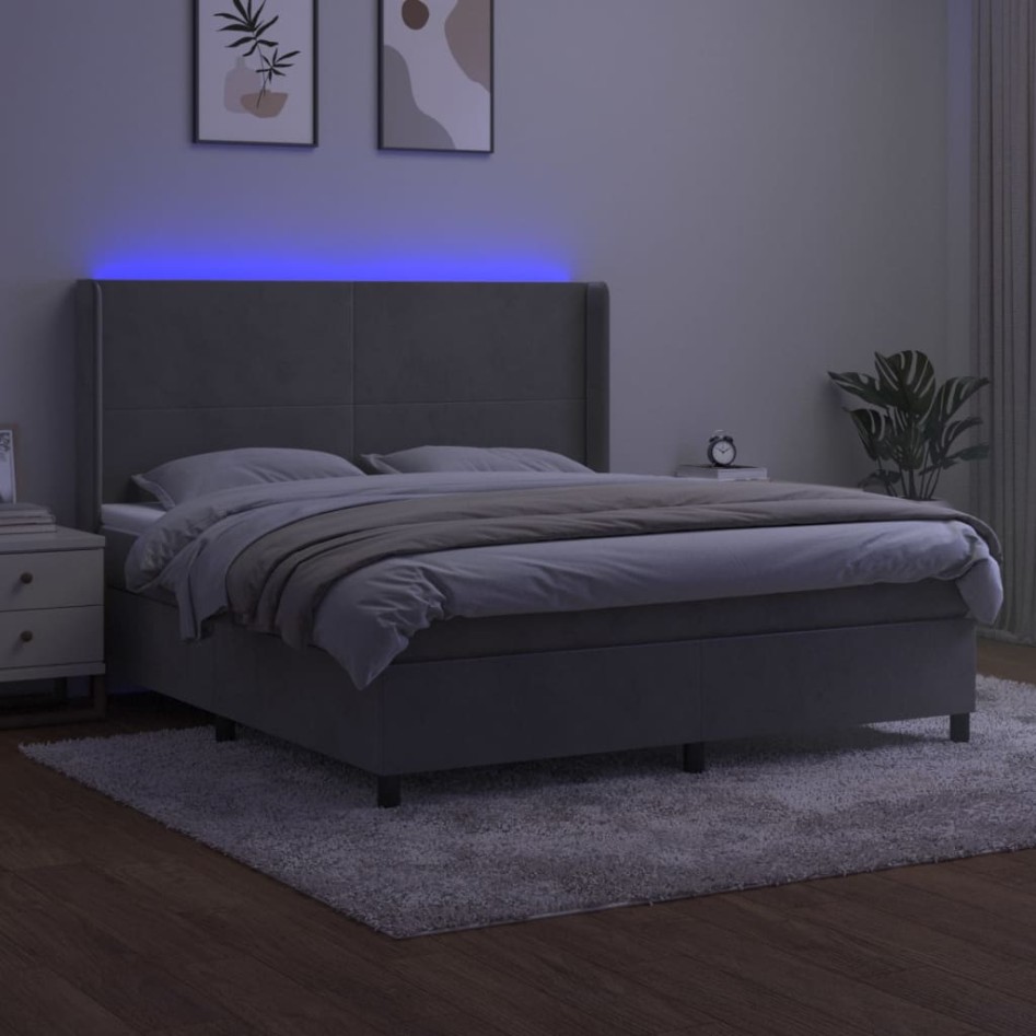 Cama box spring colchón y LED terciopelo gris claro 180x200
