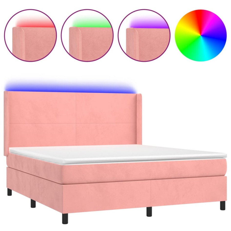 Cama box spring colchón y LED terciopelo rosa 180x200