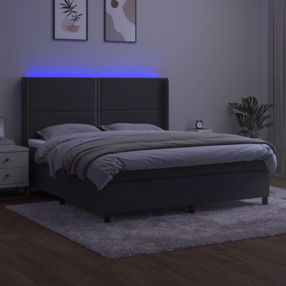 Cama box spring colchón y LED terciopelo gris oscuro 160x200