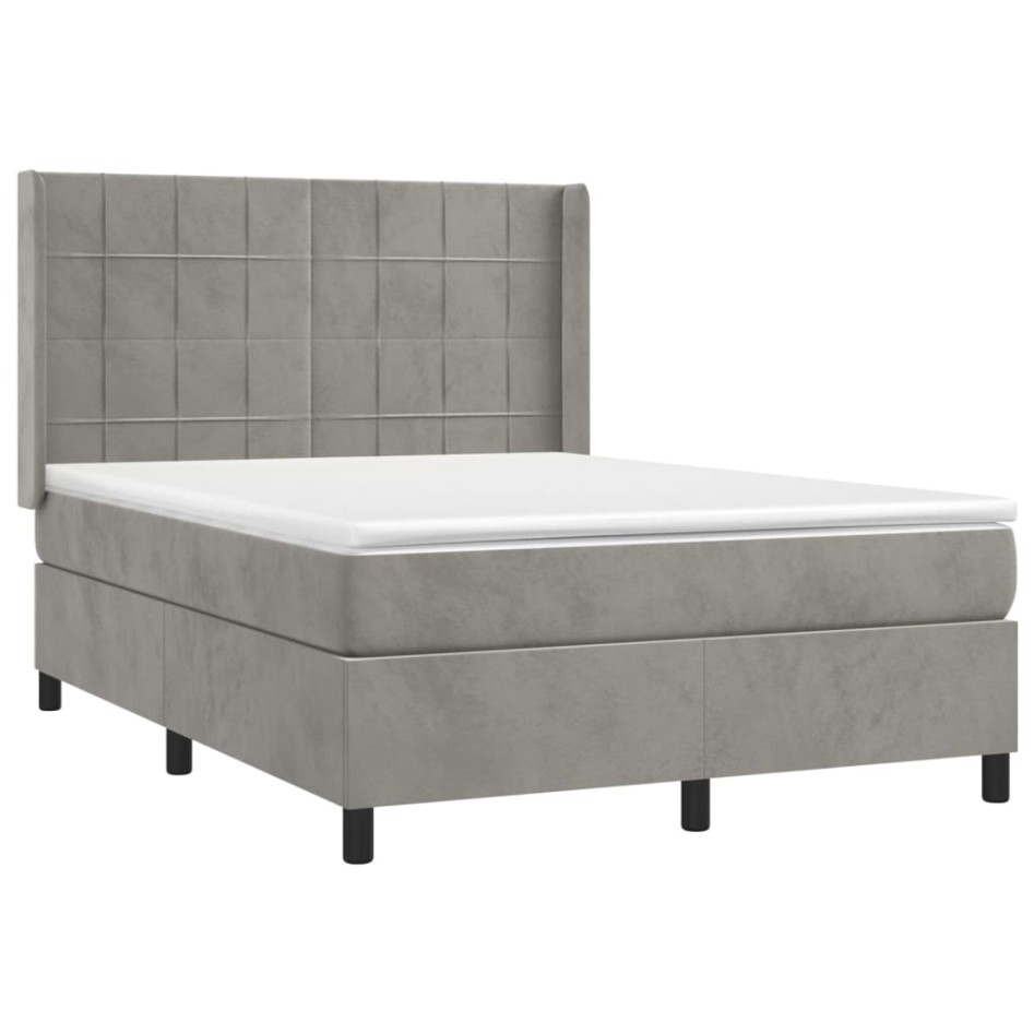 Cama box spring colchón y LED terciopelo gris claro 140x200
