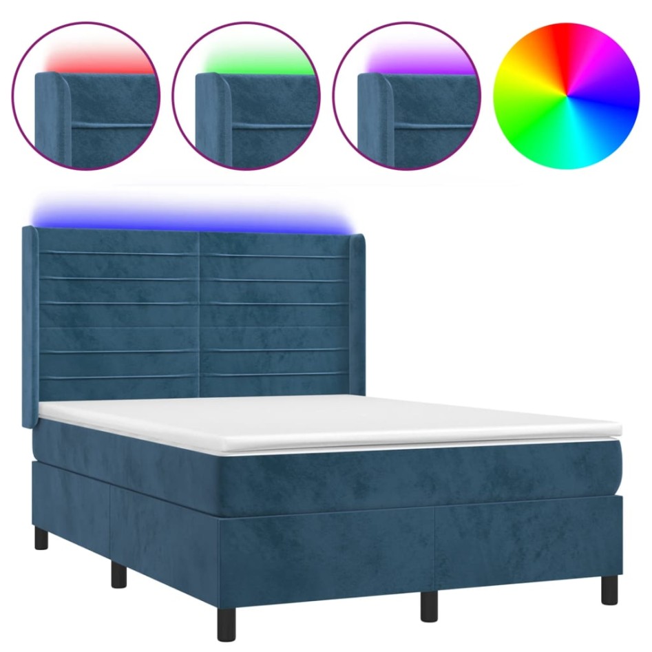 Cama box spring colchón y LED terciopelo azul oscuro 140x190