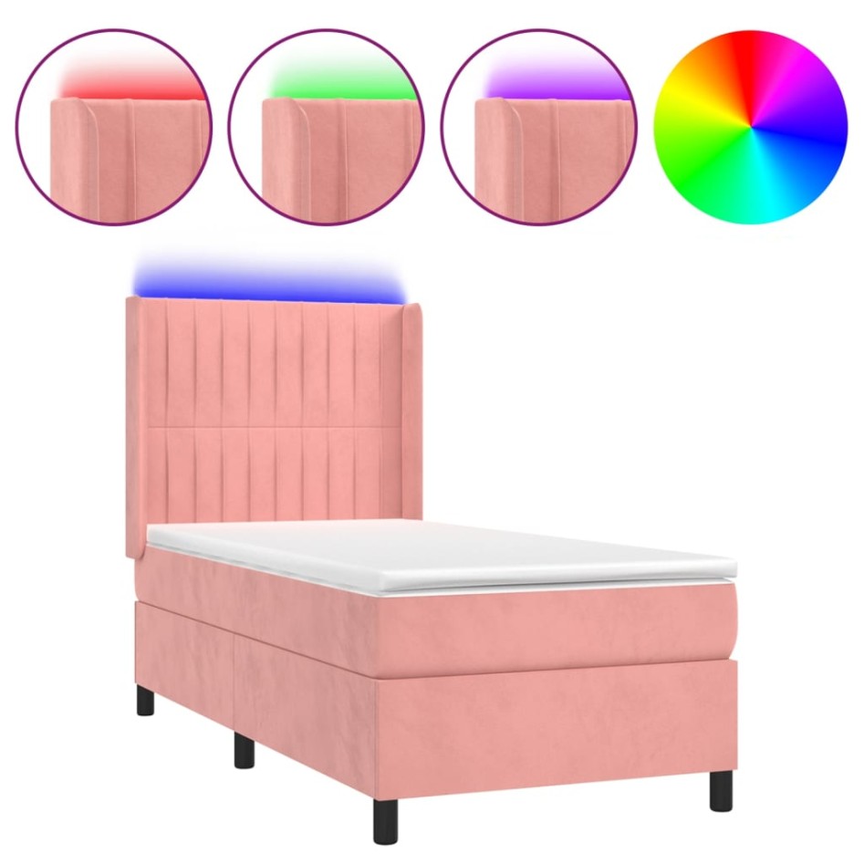 Cama box spring colchón y LED terciopelo rosa 80x200