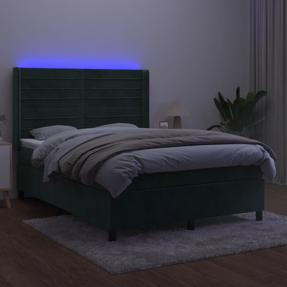Cama box spring colchón y LED terciopelo verde oscuro