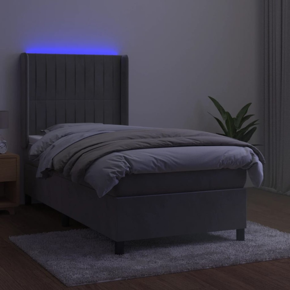 Cama box spring colchón y LED terciopelo gris claro 90x200