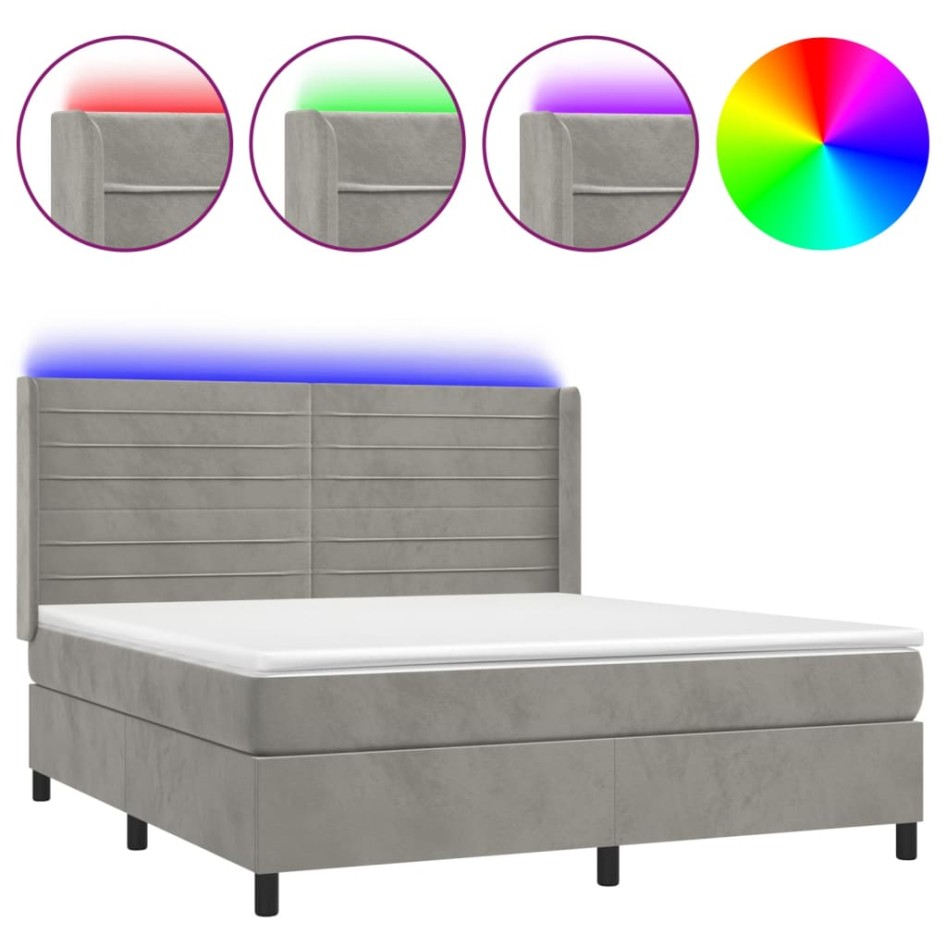 Cama box spring colchón y LED terciopelo gris claro 180x200