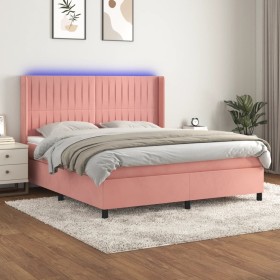 Cama box spring colchón y LED terciopelo rosa 160x200