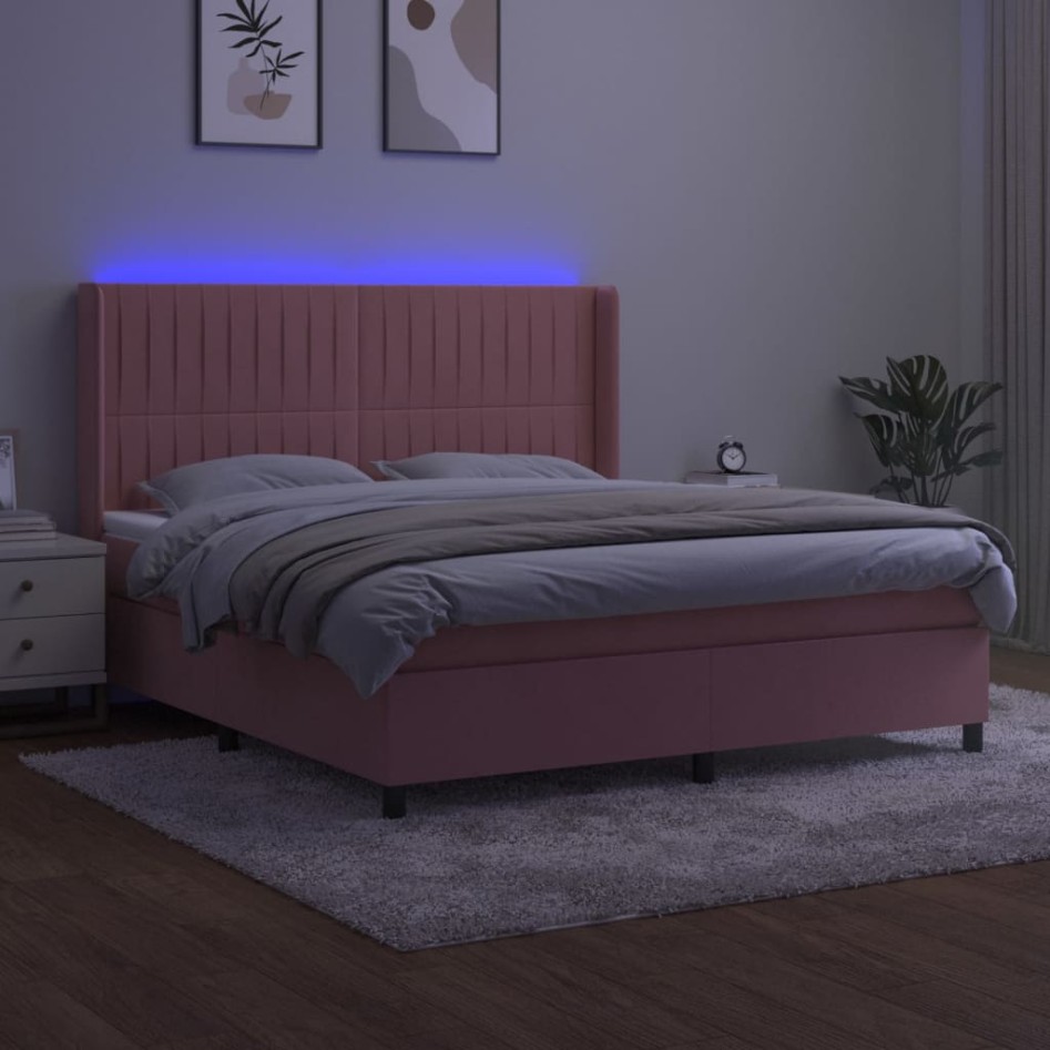 Cama box spring colchón y LED terciopelo rosa 160x200
