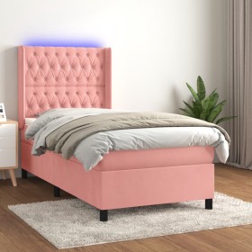 Cama box spring colchón y LED terciopelo rosa 90x200