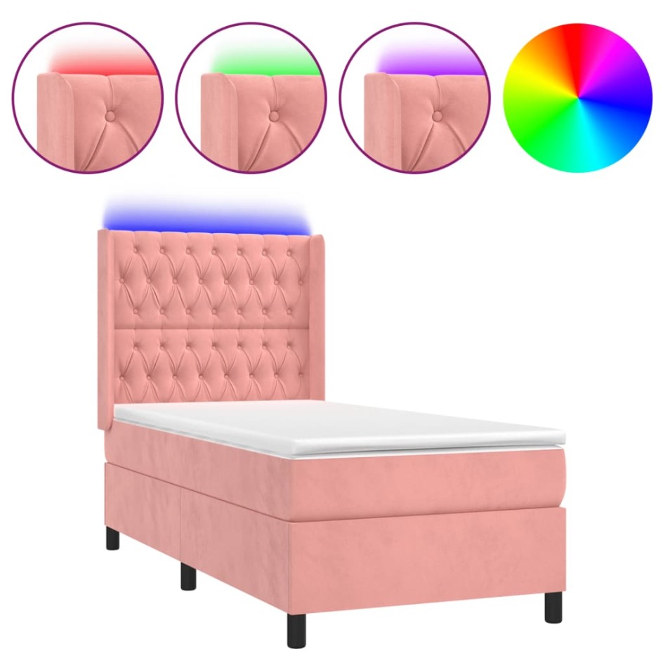 Cama box spring colchón y LED terciopelo rosa 90x200