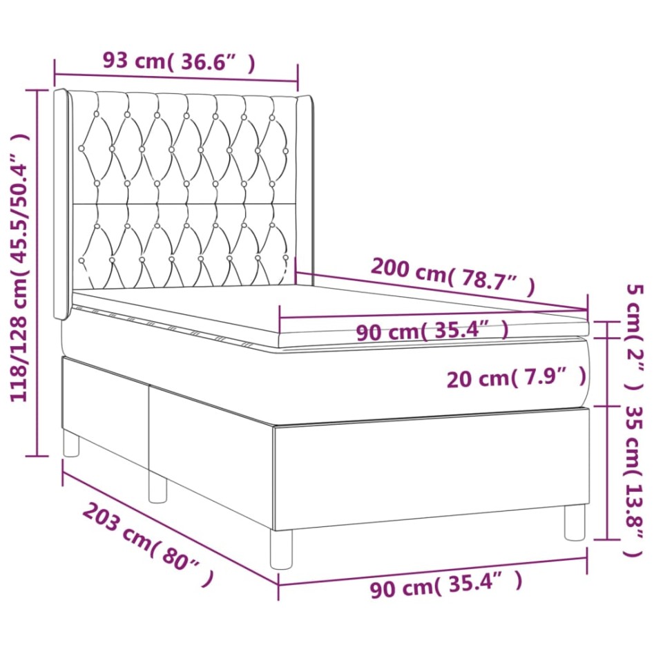 Cama box spring colchón y LED terciopelo rosa 90x200
