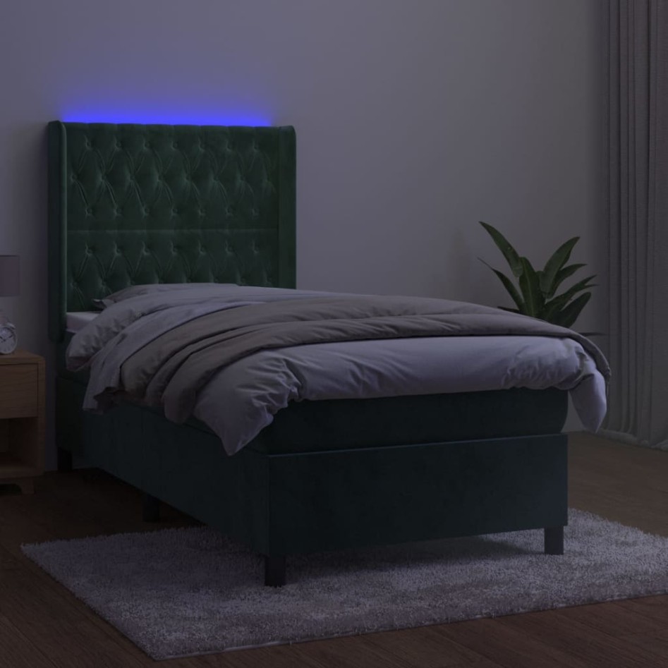 Cama box spring colchón y LED terciopelo verde oscuro 90x190