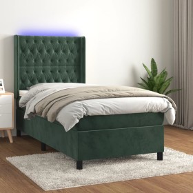 Cama box spring colchón y LED terciopelo verde oscuro 90x200