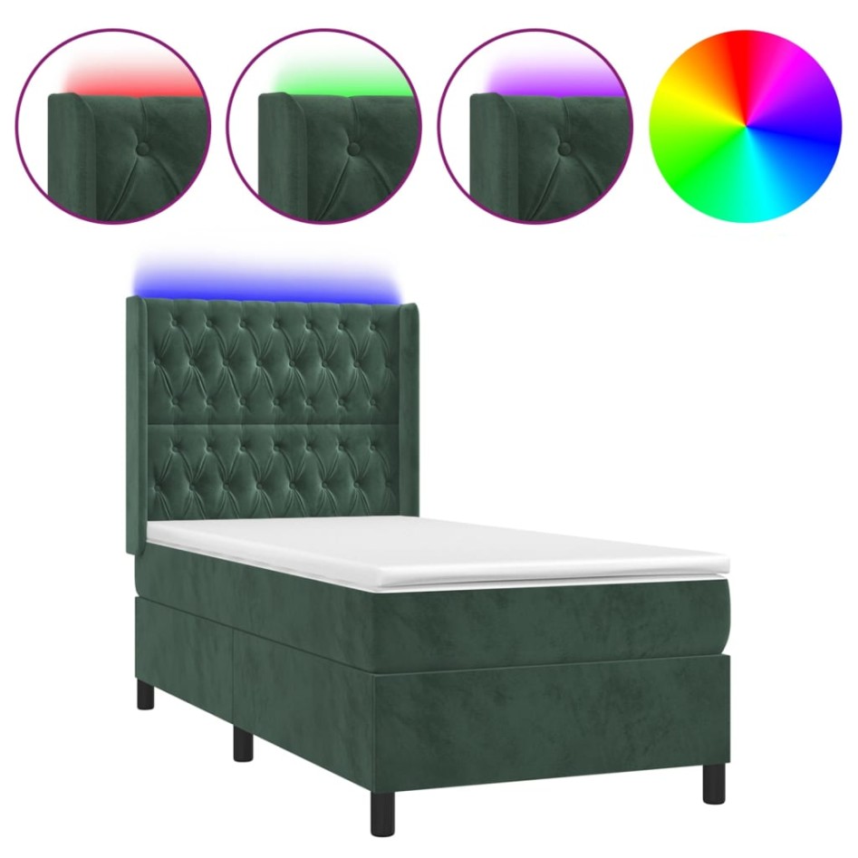 Cama box spring colchón y LED terciopelo verde oscuro