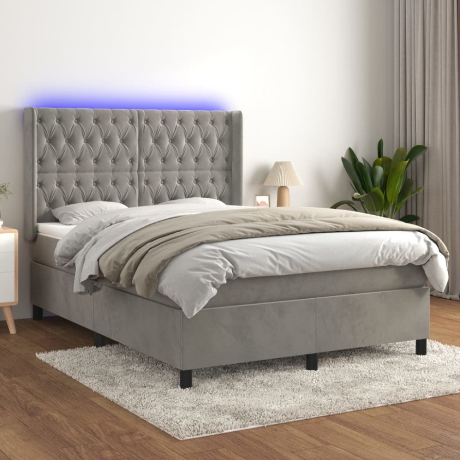 Cama box spring colchón y LED terciopelo gris claro 140x200