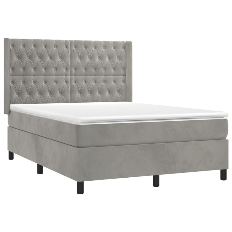 Cama box spring colchón y LED terciopelo gris claro 140x200