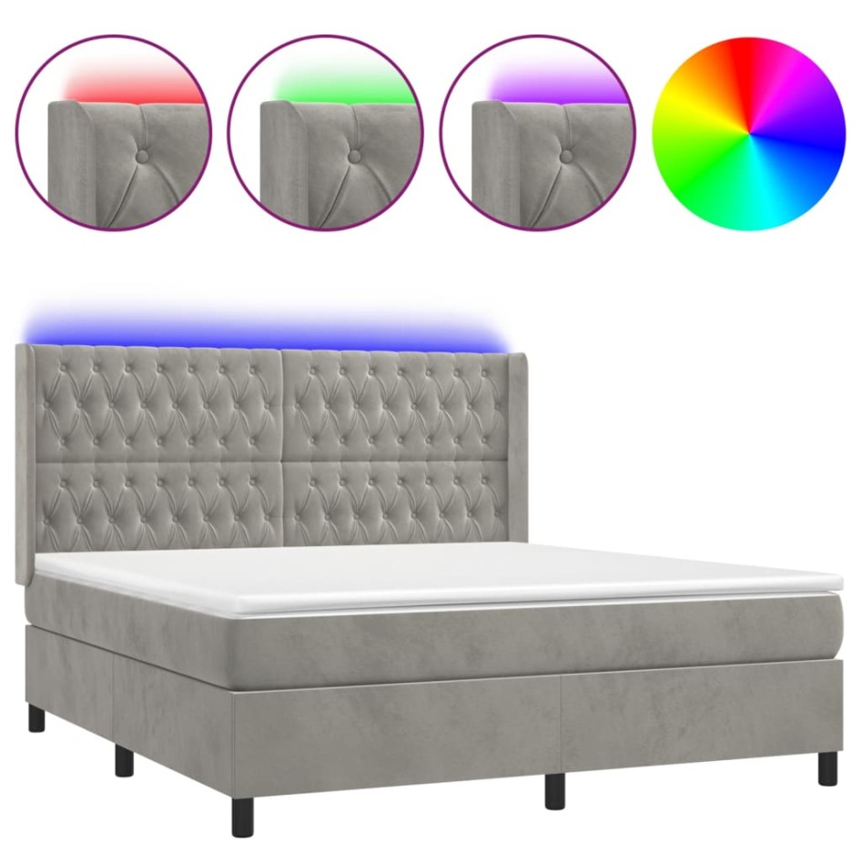 Cama box spring colchón y LED terciopelo gris claro 160x200