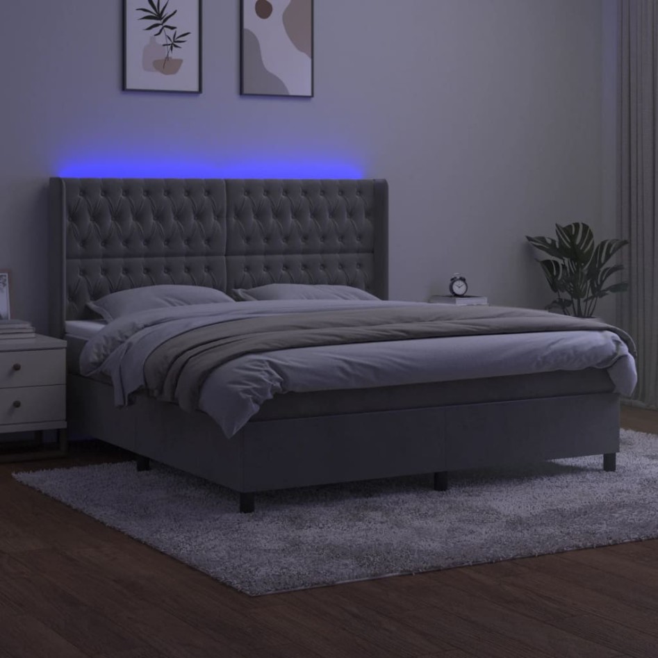 Cama box spring colchón y LED terciopelo gris claro 160x200
