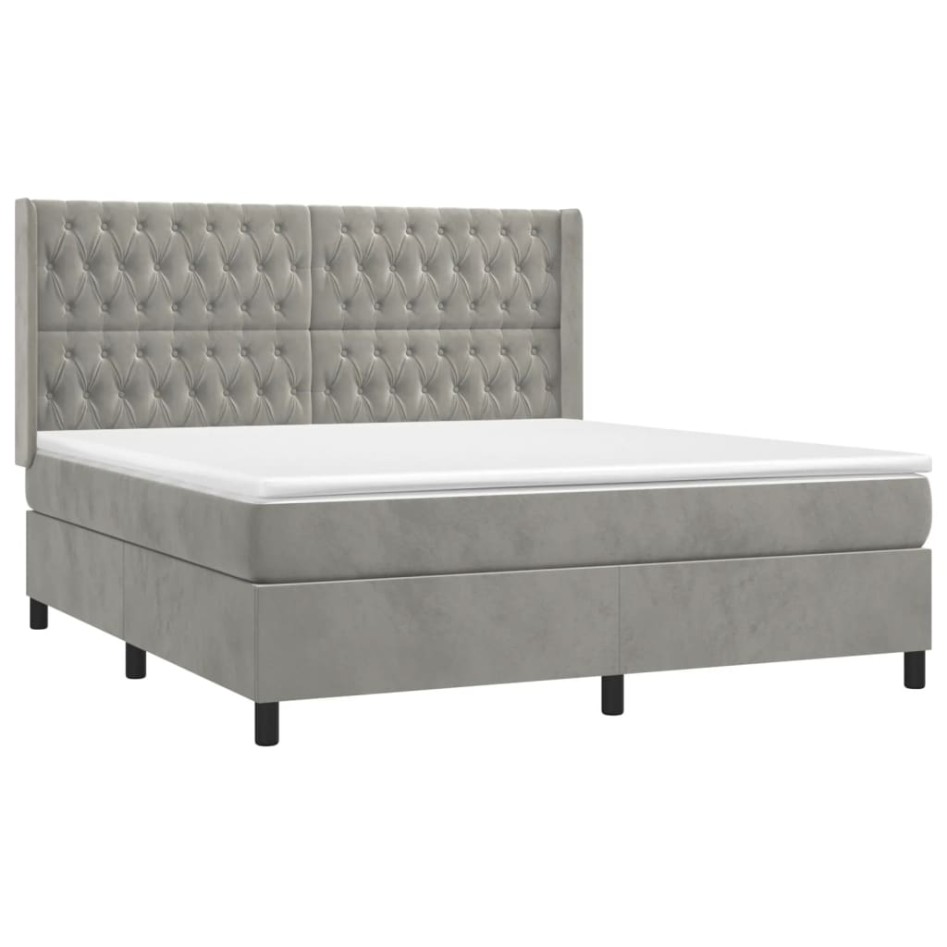 Cama box spring colchón y LED terciopelo gris claro 160x200