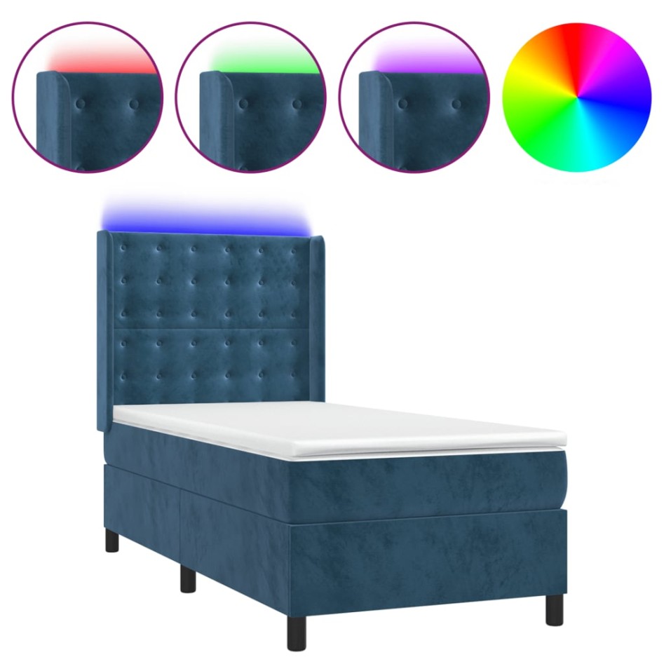 Cama box spring colchón y LED terciopelo azul oscuro 90x200