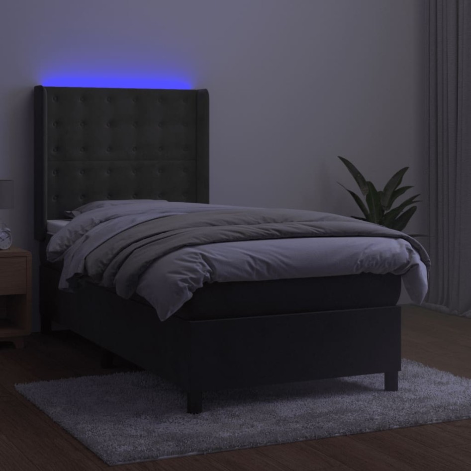 Cama box spring colchón y LED terciopelo gris oscuro 80x200