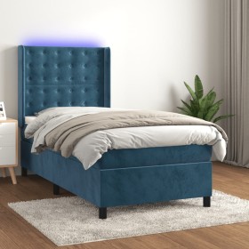 Cama box spring colchón y LED terciopelo azul oscuro 90x190
