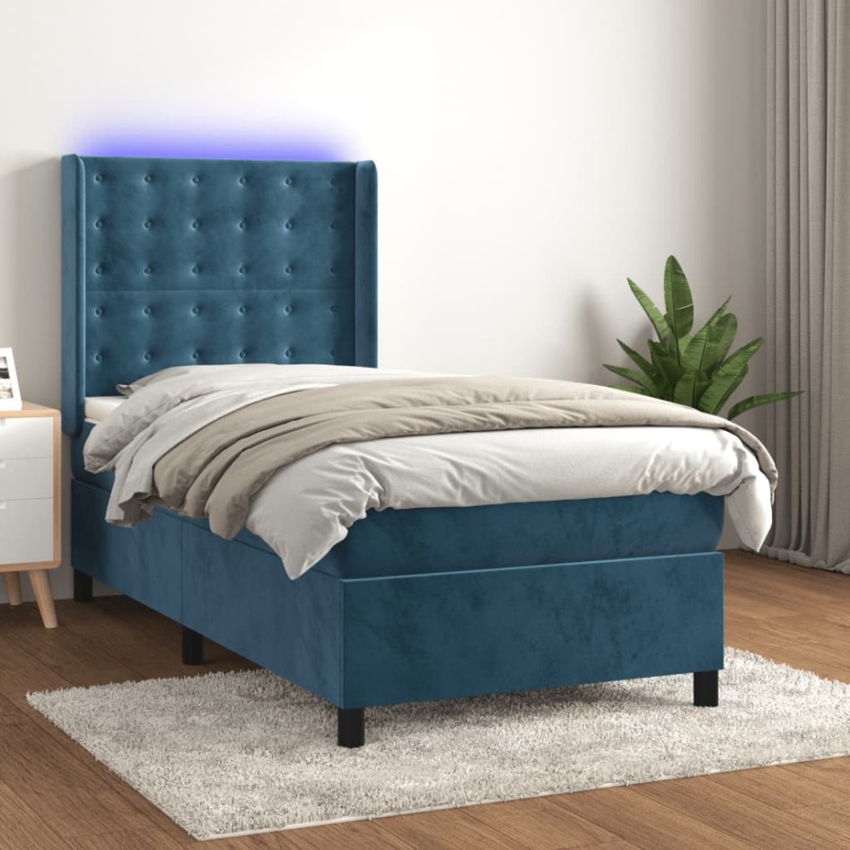 Cama box spring colchón y LED terciopelo azul oscuro 90x190