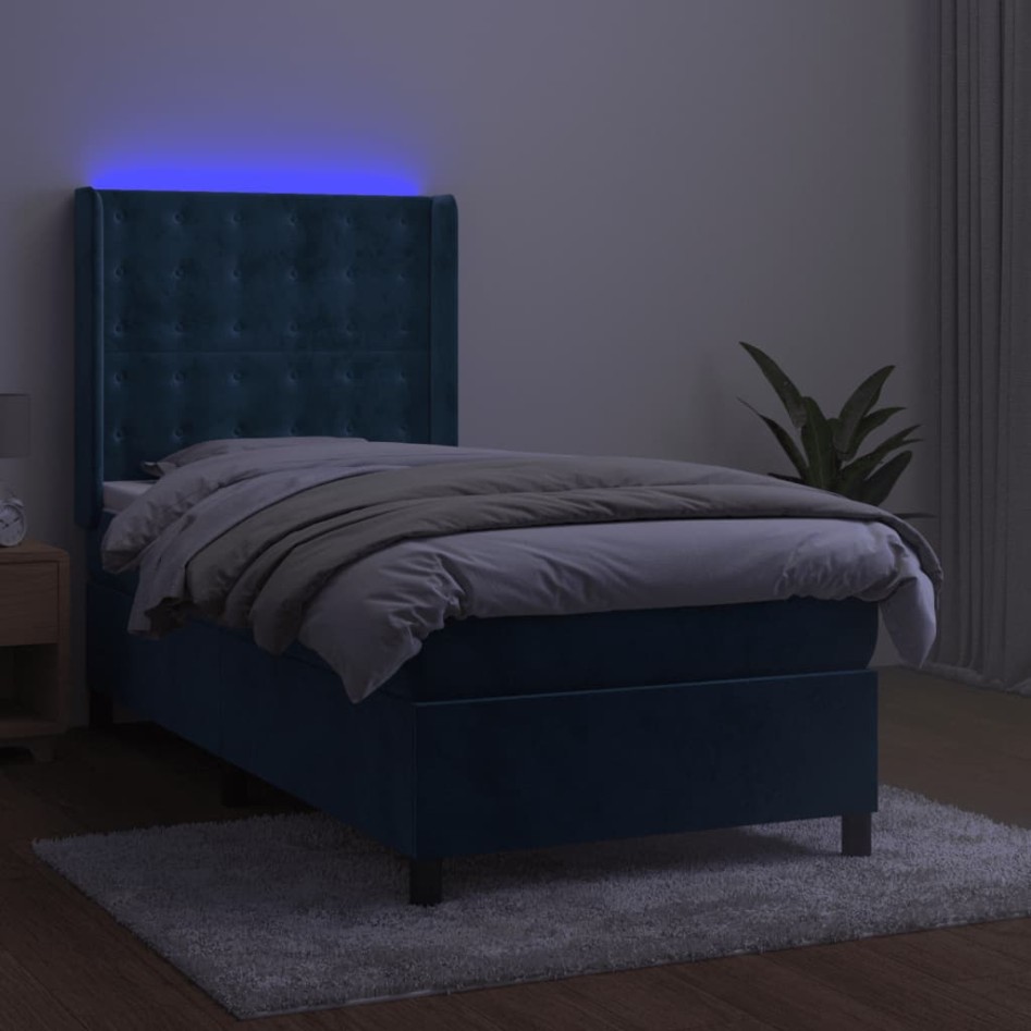 Cama box spring colchón y LED terciopelo azul oscuro 90x190