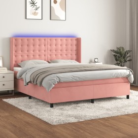 Cama box spring colchón y LED terciopelo rosa 180x200