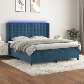 Cama box spring colchón y LED terciopelo azul oscuro 160x200