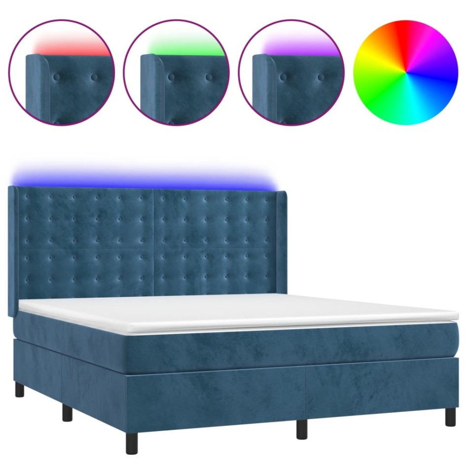 Cama box spring colchón y LED terciopelo azul oscuro 160x200