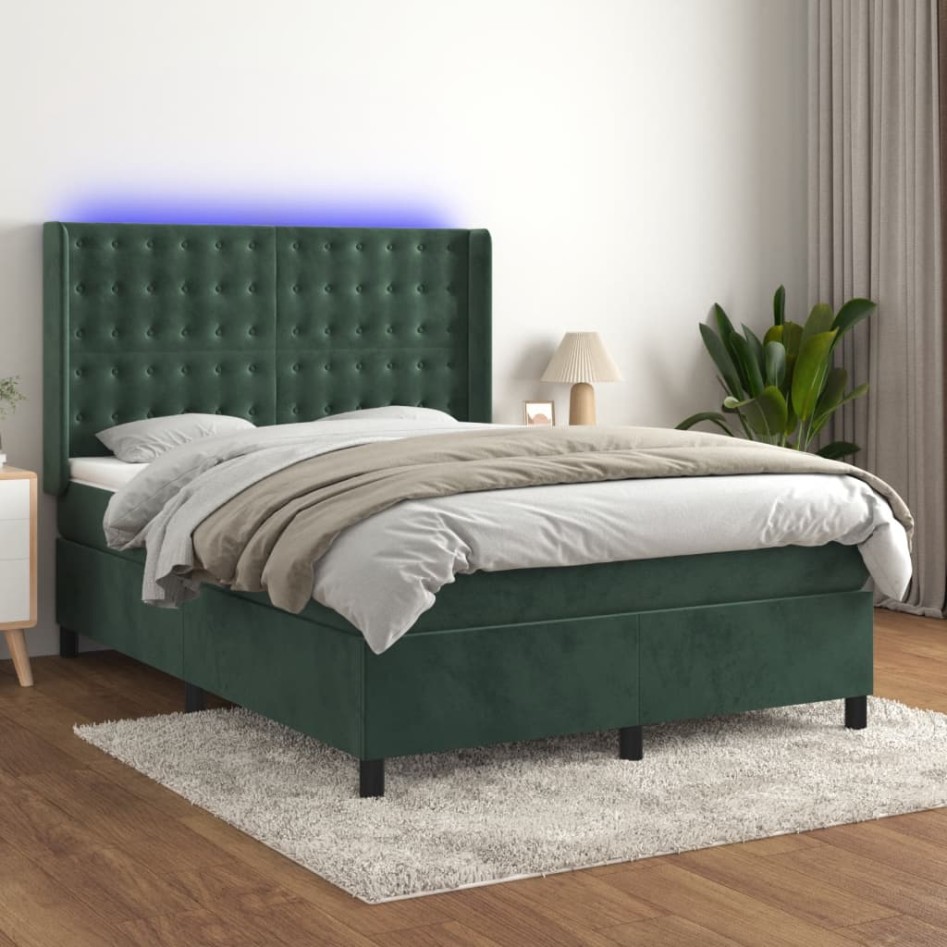 Cama box spring colchón y LED terciopelo verde oscuro