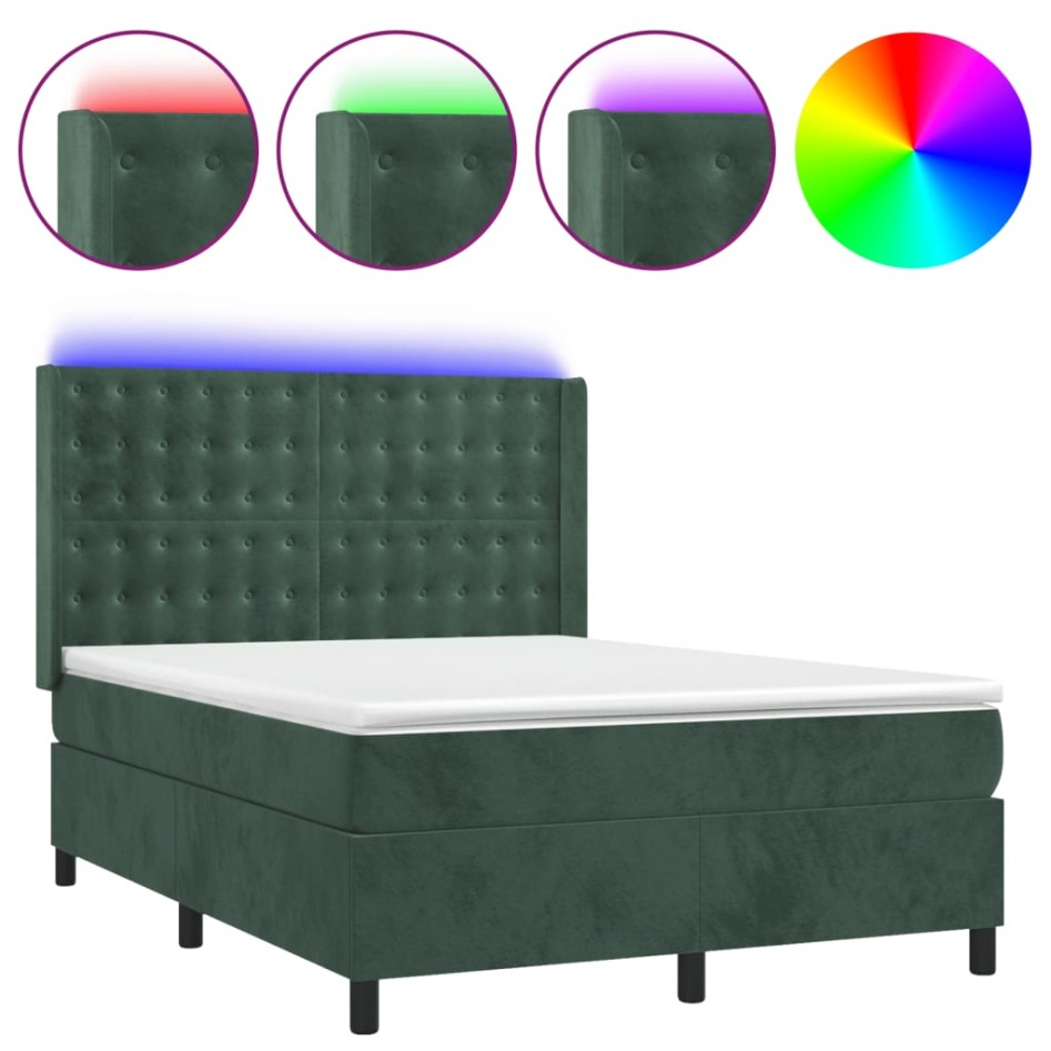 Cama box spring colchón y LED terciopelo verde oscuro