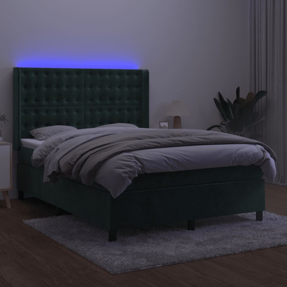 Cama box spring colchón y LED terciopelo verde oscuro