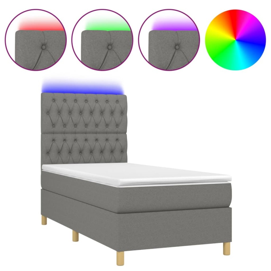 Cama box spring colchón y luces LED tela gris oscuro 100x200