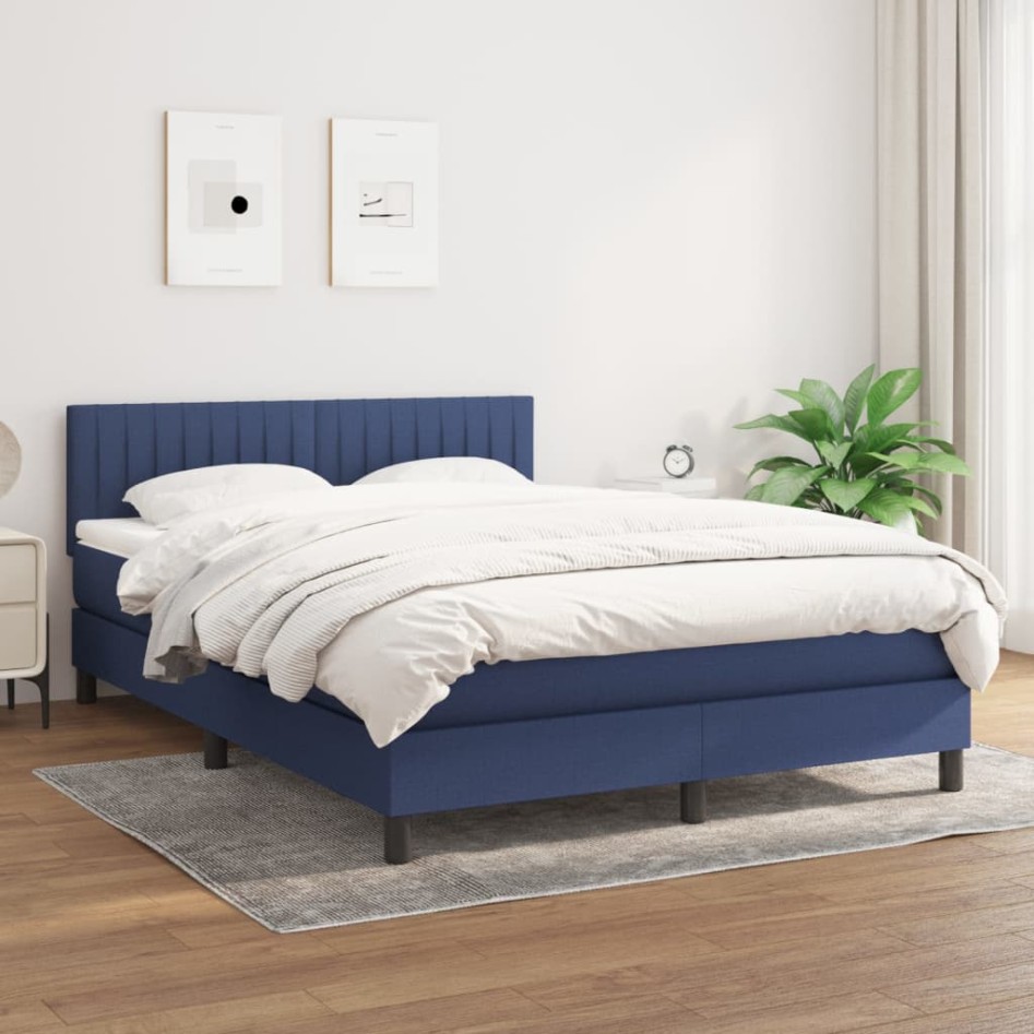 Cama box spring con colchón tela azul 140x190