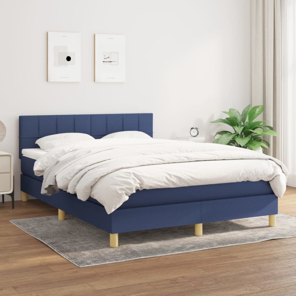 Cama box spring con colchón tela azul 140x190