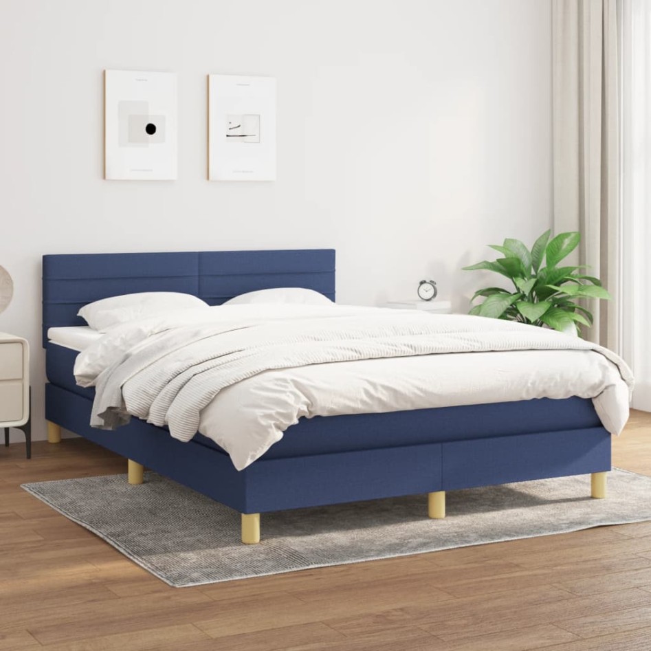 Cama box spring con colchón tela azul 140x190